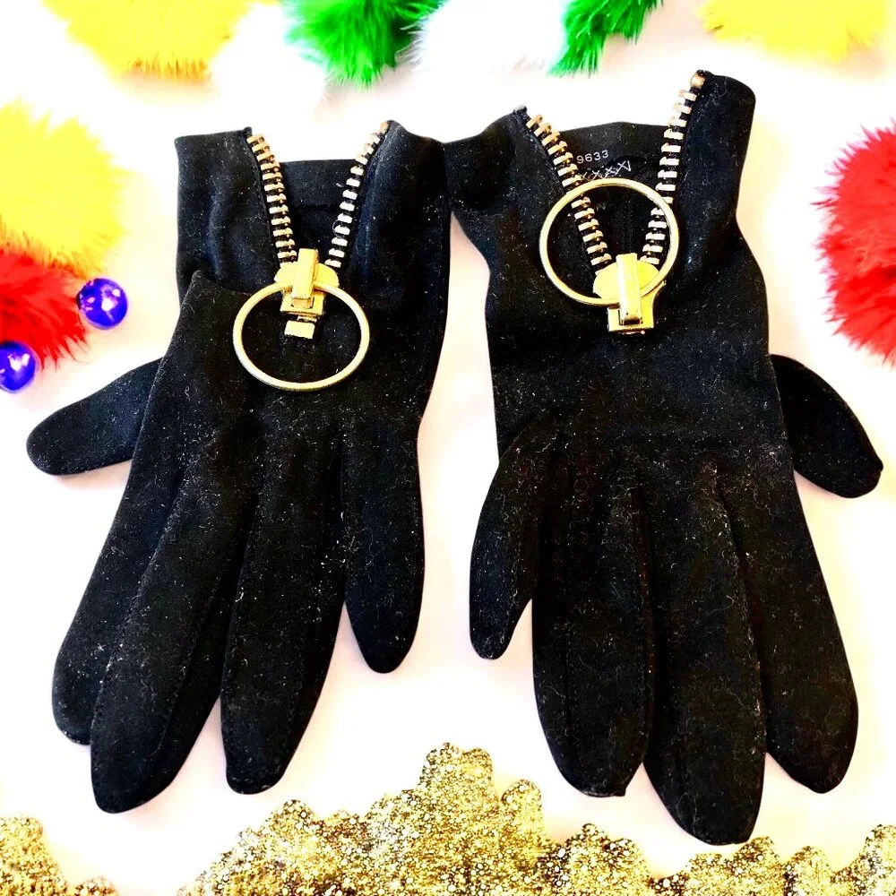 Vintage Womens Pair of Hand Gloves Black Fabric with Zipper size 6